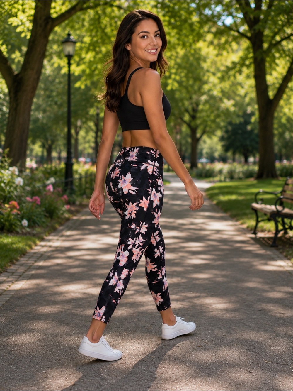 Victoria’s Secret Floral High Rise‎ Active Leggings Pockets Size 10 Black Pink